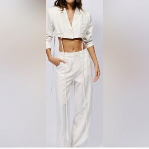 AKIRA White Pinstripe Crop Top Blazer With Detachable Adornment Stips